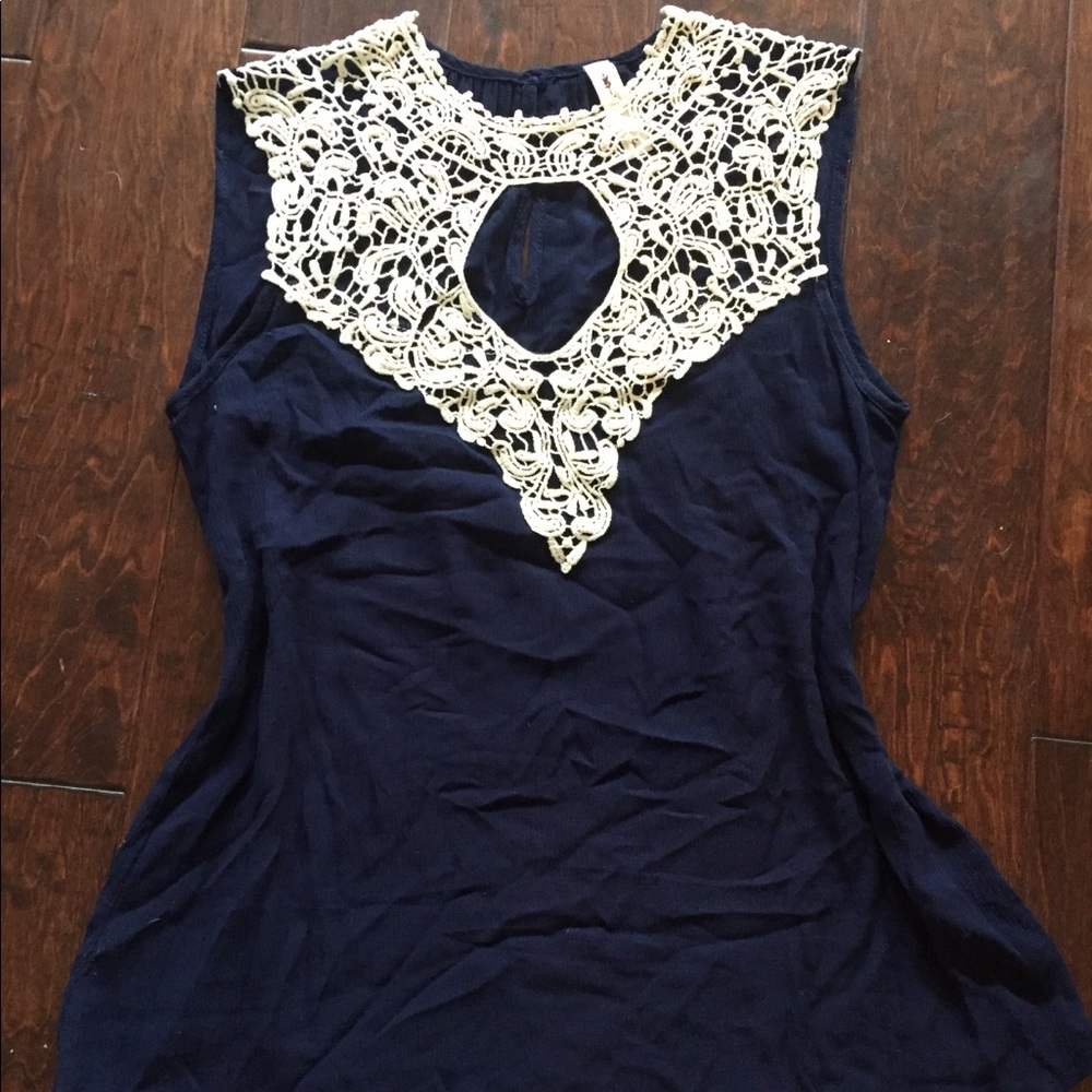 Boutique small top, navy with white lace